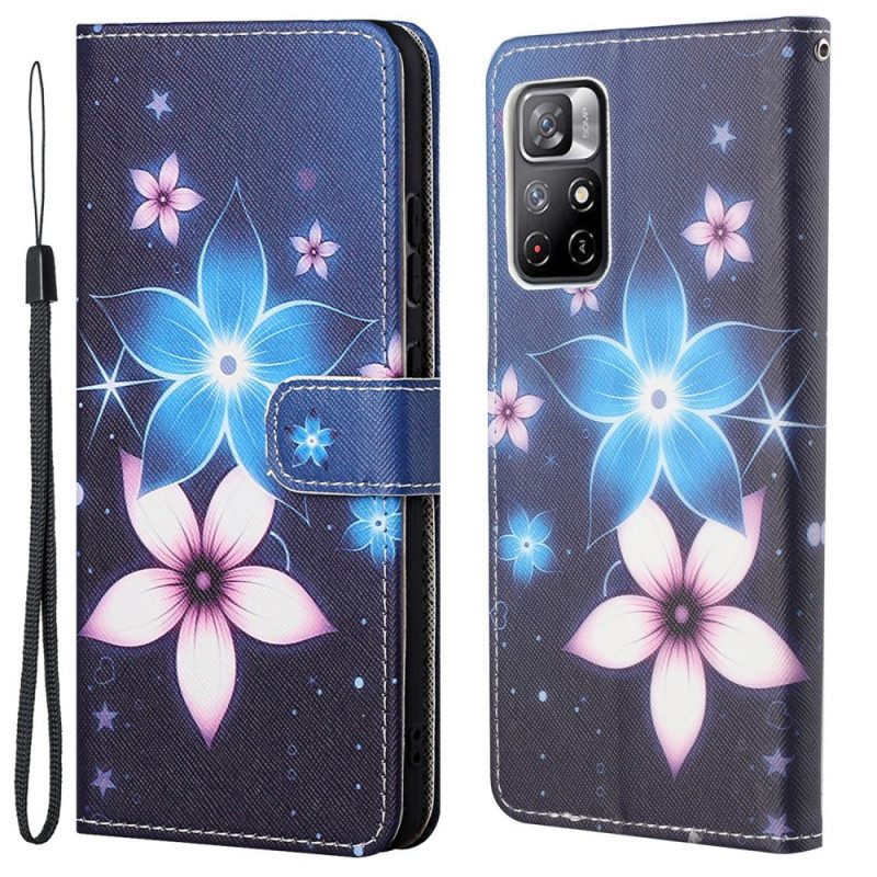 Folio-hoesje voor Poco M4 Pro 5G Met Ketting Maanband Bloemen