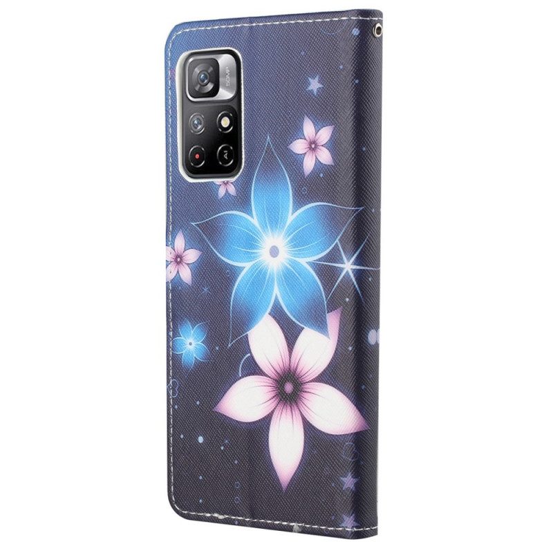 Folio-hoesje voor Poco M4 Pro 5G Met Ketting Maanband Bloemen