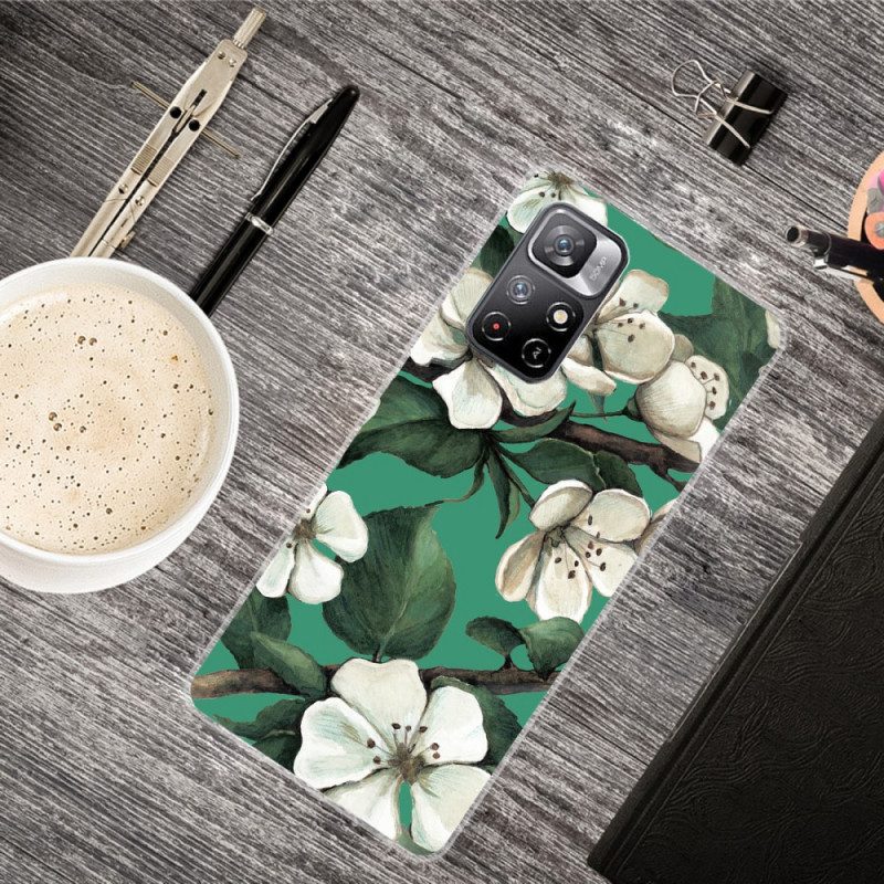 Hoesje voor Poco M4 Pro 5G Geschilderde Witte Bloemen