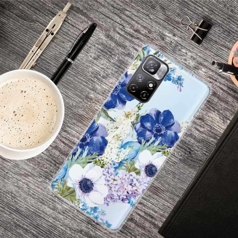 Hoesje voor Poco M4 Pro 5G Waterverf Blauwe Bloemen