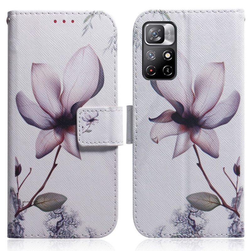 Leren Hoesje voor Poco M4 Pro 5G Bloem Stoffig Roze