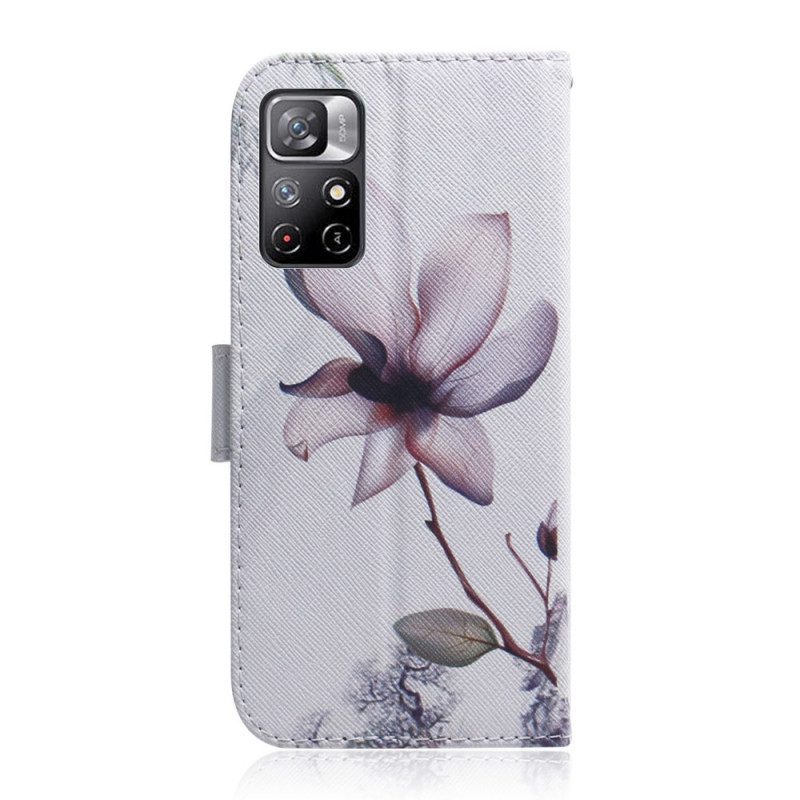 Leren Hoesje voor Poco M4 Pro 5G Bloem Stoffig Roze