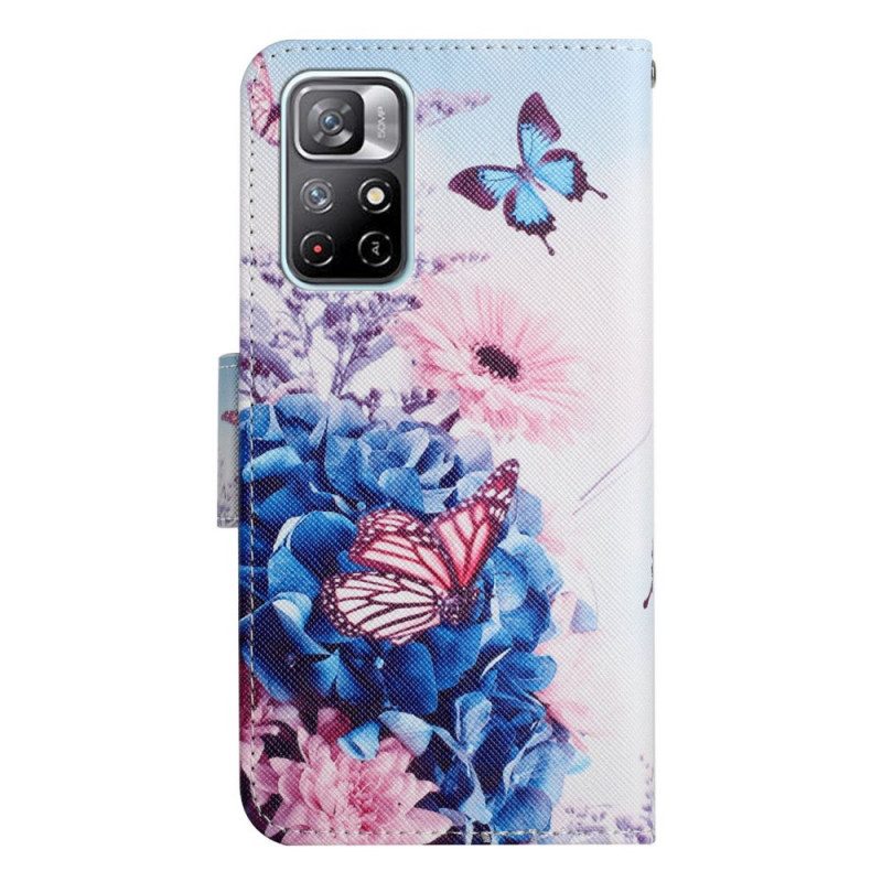 Leren Hoesje voor Poco M4 Pro 5G Boeket Bloemen En Vlinders