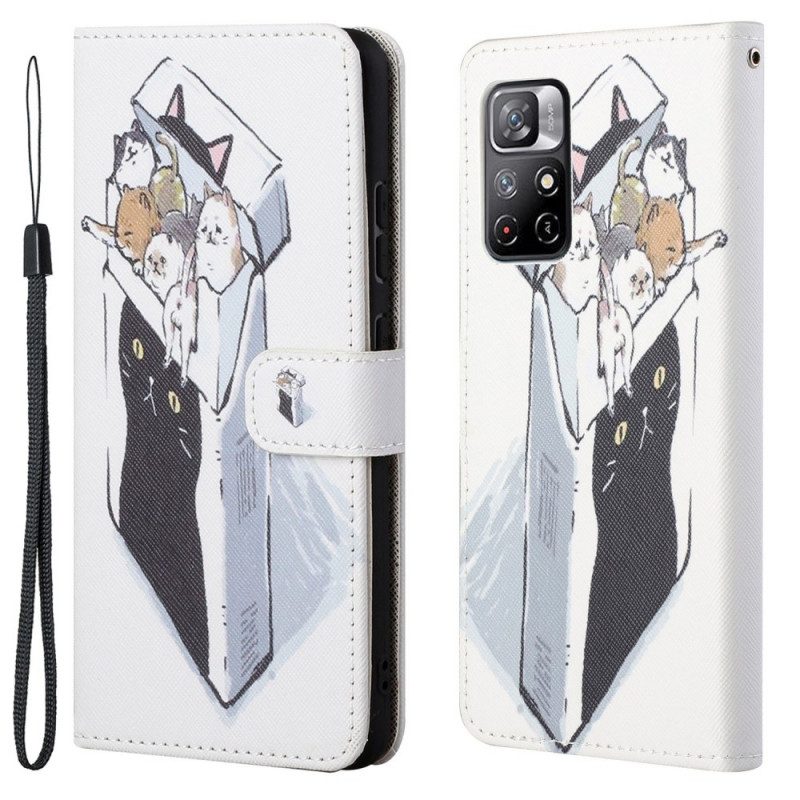 Leren Hoesje voor Poco M4 Pro 5G Met Ketting Levering Katten Met Strings