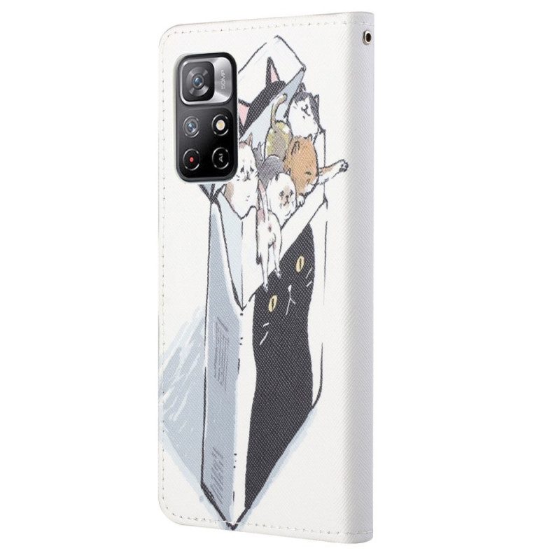 Leren Hoesje voor Poco M4 Pro 5G Met Ketting Levering Katten Met Strings