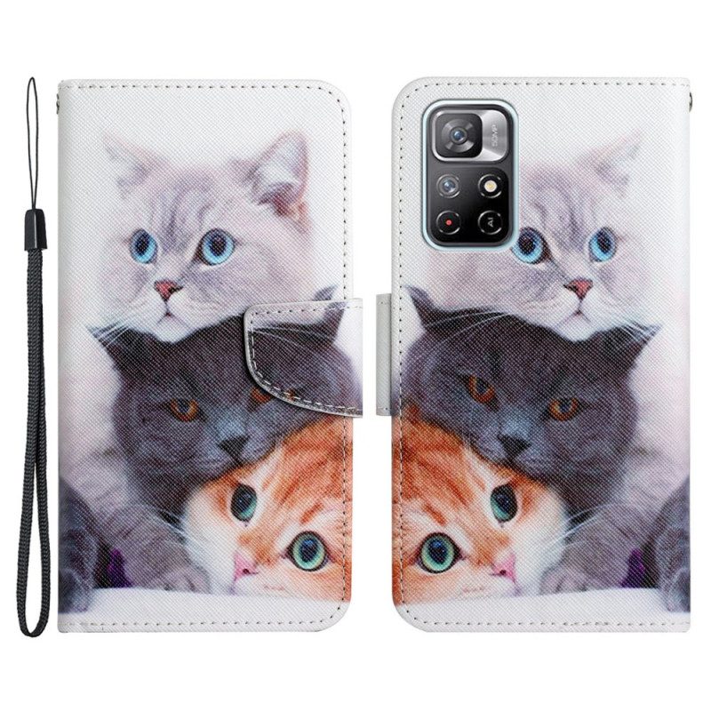 Leren Hoesje voor Poco M4 Pro 5G Stapel Lanyard Cats