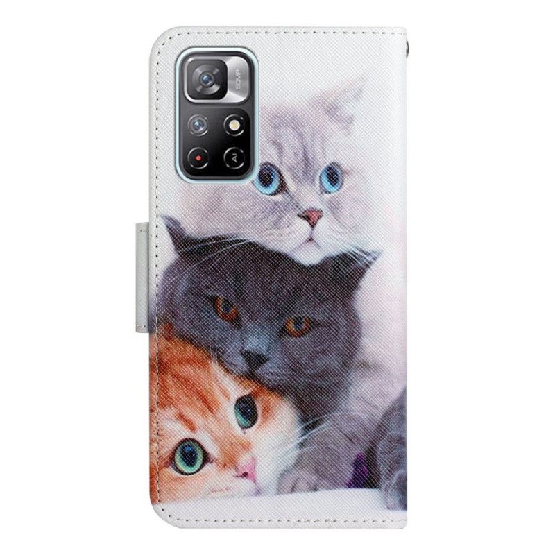 Leren Hoesje voor Poco M4 Pro 5G Stapel Lanyard Cats