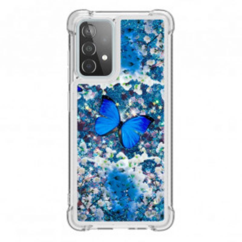 Hoesje voor Samsung Galaxy A52 4G / A52 5G / A52s 5G Glitter Blauwe Vlinders