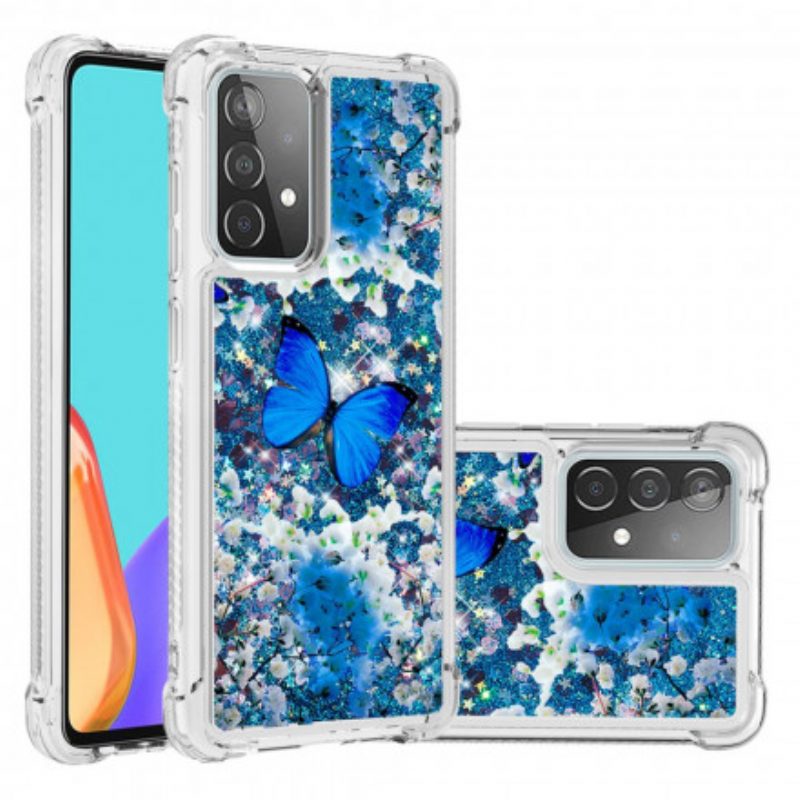 Hoesje voor Samsung Galaxy A52 4G / A52 5G / A52s 5G Glitter Blauwe Vlinders