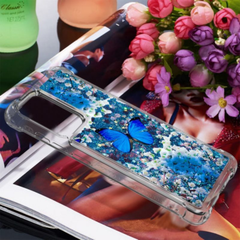 Hoesje voor Samsung Galaxy A52 4G / A52 5G / A52s 5G Glitter Blauwe Vlinders