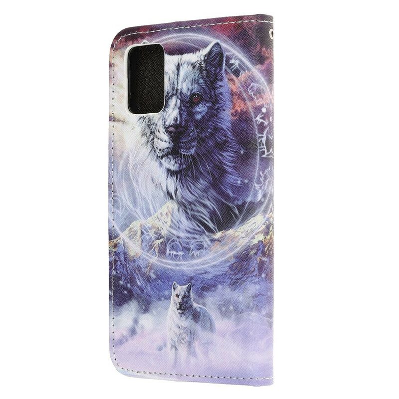 Leren Hoesje voor Samsung Galaxy A52 4G / A52 5G / A52s 5G Wolf In De Winter Met Sleutelkoord