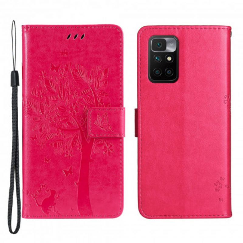 Flip Case voor Xiaomi Redmi 10 Met Ketting Boom En Strappy Cat