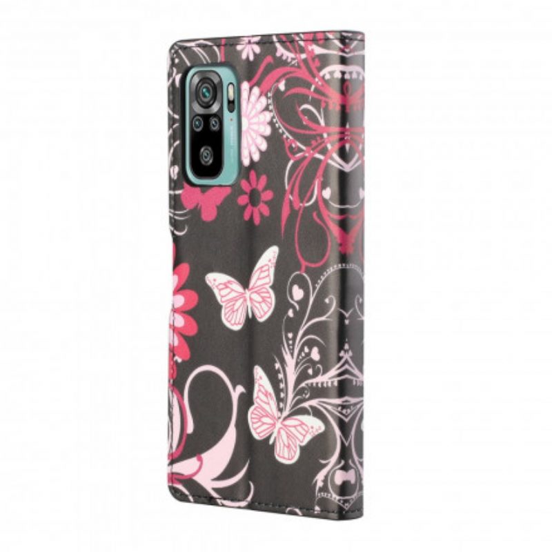 Folio-hoesje voor Xiaomi Redmi 10 Met Ketting Vlinders En Bloemen Riem