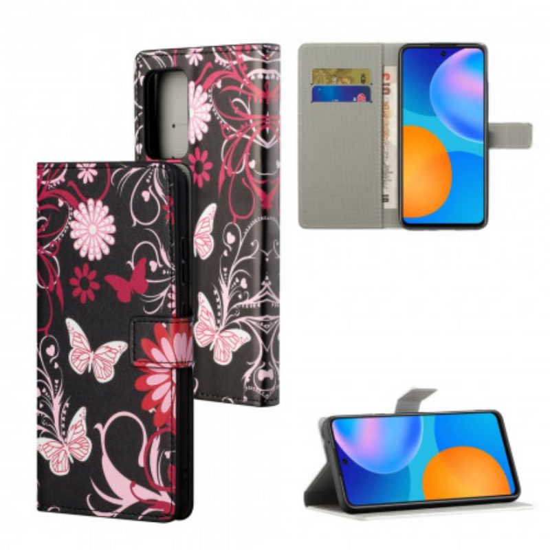 Folio-hoesje voor Xiaomi Redmi 10 Met Ketting Vlinders En Bloemen Riem