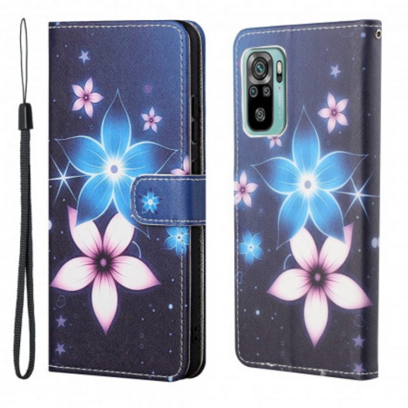 Leren Hoesje voor Xiaomi Redmi 10 Met Ketting Maanband Bloemen