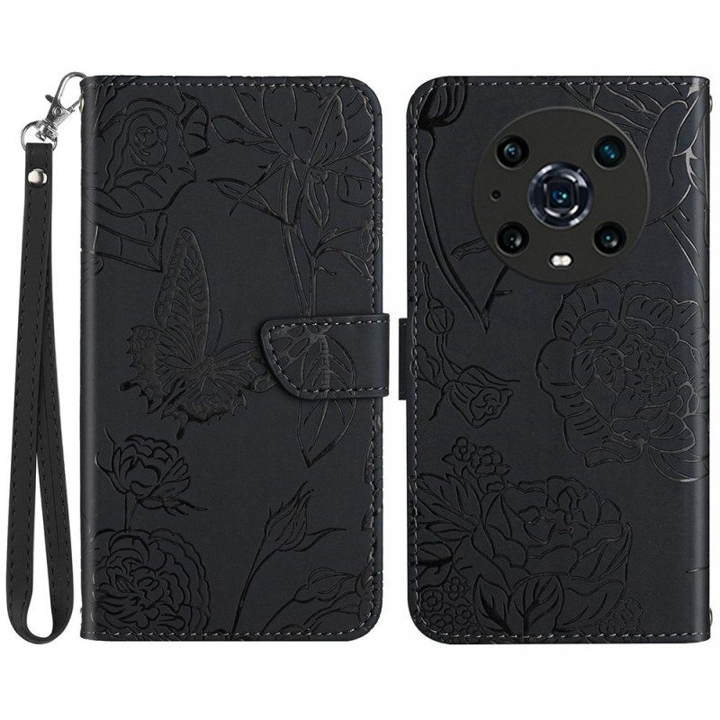 Leren Hoesje voor Honor Magic 4 Pro Met Ketting String Vlinders