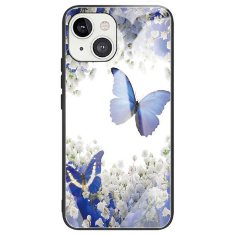 Hoesje voor iPhone 14 Blauwe Vlinders Gehard Glas