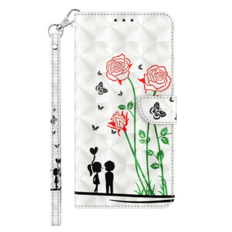 Leren Hoesje voor iPhone 14 Met Ketting Lanyard Liefde Paardebloemen