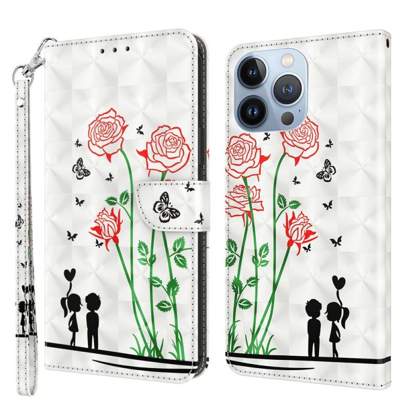 Leren Hoesje voor iPhone 14 Met Ketting Lanyard Liefde Paardebloemen