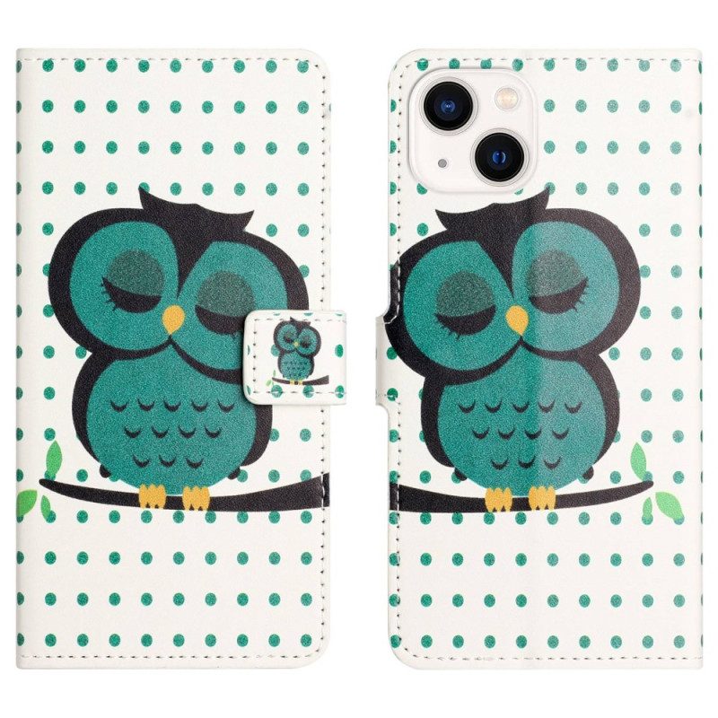 Leren Hoesje voor iPhone 14 Slapende Uil