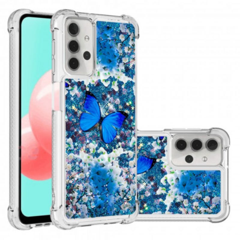 Hoesje voor Samsung Galaxy A32 5G Glitter Blauwe Vlinders