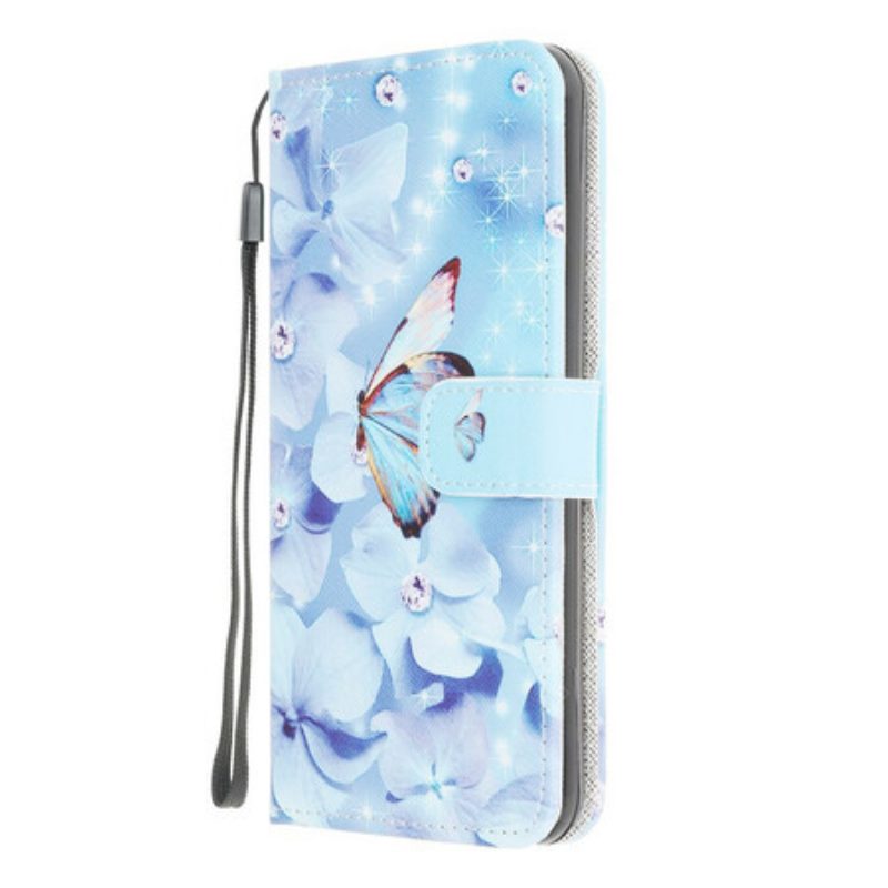 Folio-hoesje voor Samsung Galaxy M12 / A12 Met Ketting Strappy Diamanten Vlinders