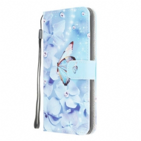 Folio-hoesje voor Samsung Galaxy M12 / A12 Met Ketting Strappy Diamanten Vlinders