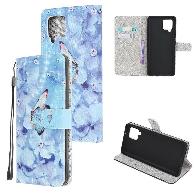 Folio-hoesje voor Samsung Galaxy M12 / A12 Met Ketting Strappy Diamanten Vlinders