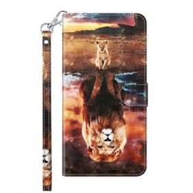 Leren Hoesje voor Samsung Galaxy M12 / A12 Lichtvlek Leeuw Met Lanyard