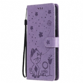 Leren Hoesje voor Samsung Galaxy M12 / A12 Met Ketting Kat En Bij Met Lanyard