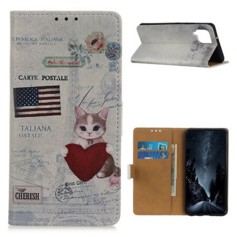 Leren Hoesje voor Samsung Galaxy M12 / A12 Reiziger Kat