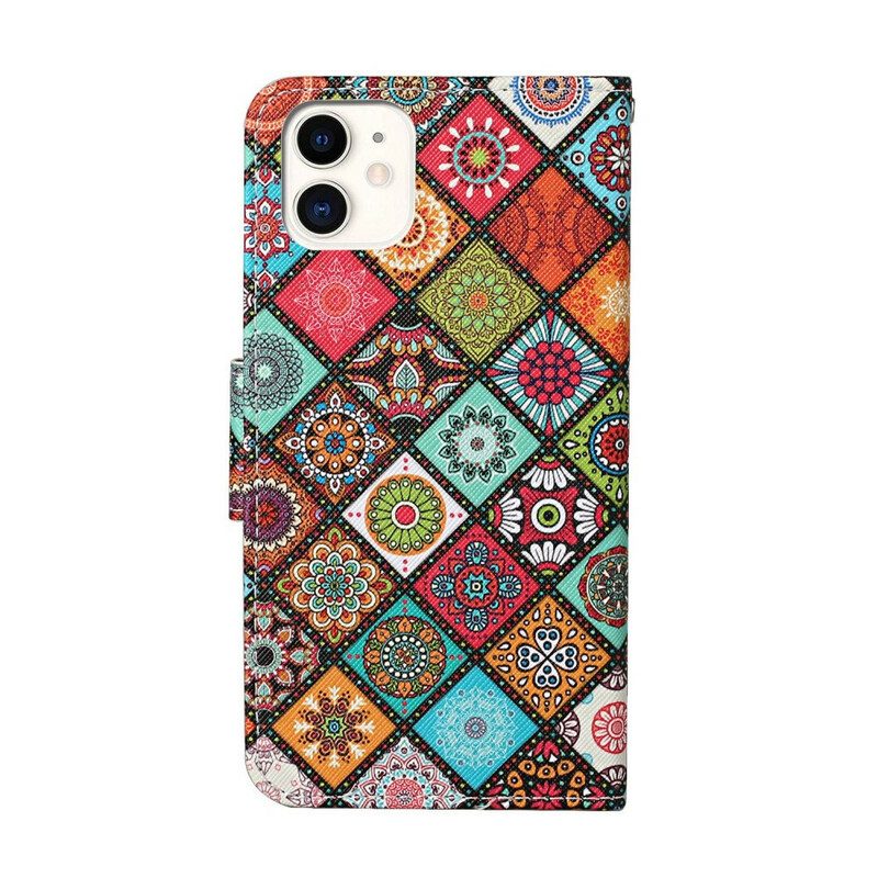 Folio-hoesje voor iPhone 12 / 12 Pro Lappendeken Mandala's Met Lanyard