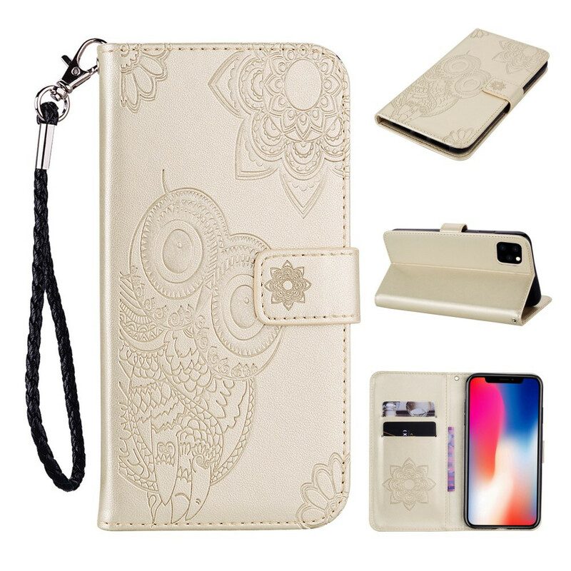 Folio-hoesje voor iPhone 12 / 12 Pro Uil Mandala En Lanyard