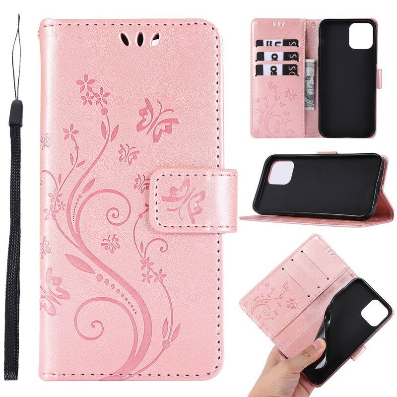 Leren Hoesje voor iPhone 12 / 12 Pro Vlinders & Bloemen Lanyard