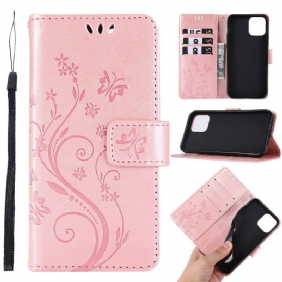 Leren Hoesje voor iPhone 12 / 12 Pro Vlinders & Bloemen Lanyard