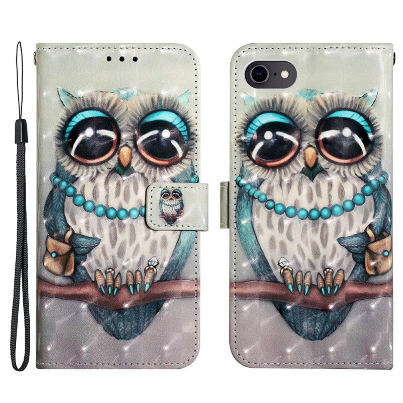 Leren Hoesje voor iPhone SE 3 / SE 2 / 8 / 7 Met Ketting Miss Uil Met Riem