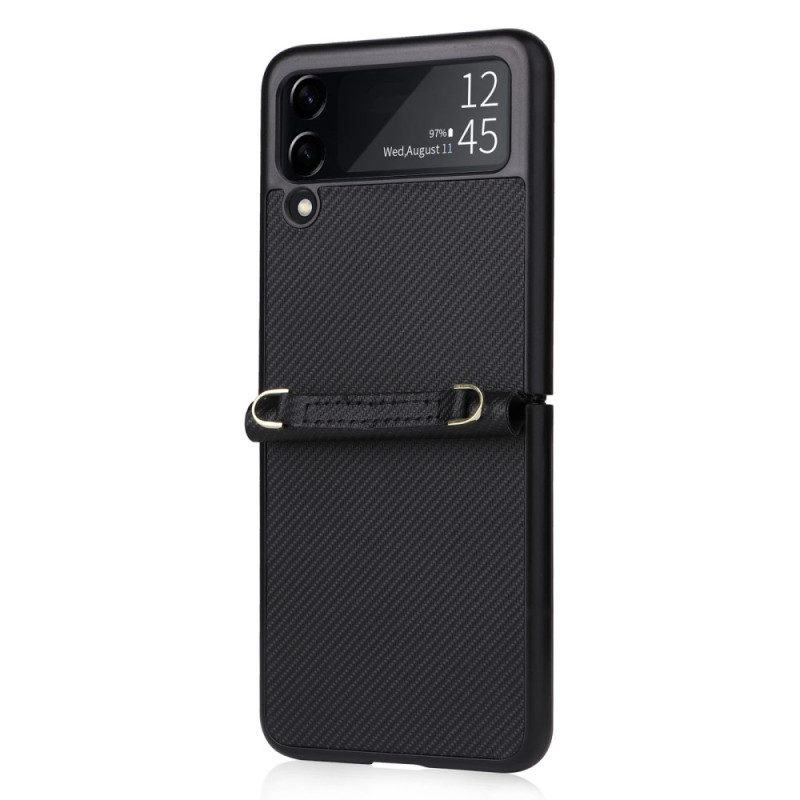 Hoesje voor Samsung Galaxy Z Flip 4 Folio-hoesje Leereffect Koolstofvezelstructuur Met Riem