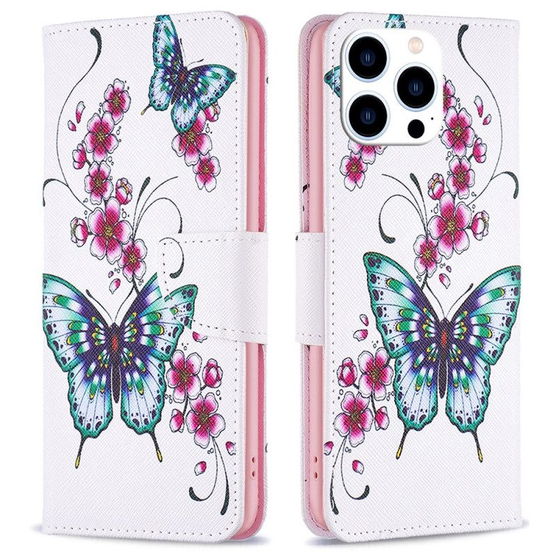 Flip Case Leren iPhone 16 Pro Max Groene Vlinders