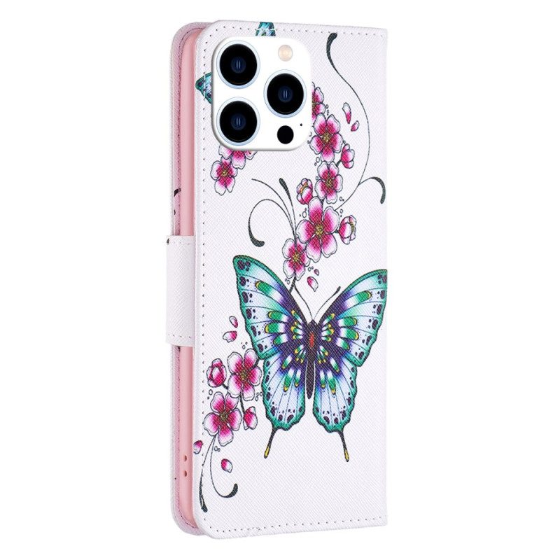 Flip Case Leren iPhone 16 Pro Max Groene Vlinders