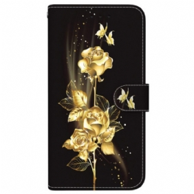 Folio-hoesje iPhone 16 Pro Max Telefoonhoesje Gouden En Roze Vlinders Met Riempje