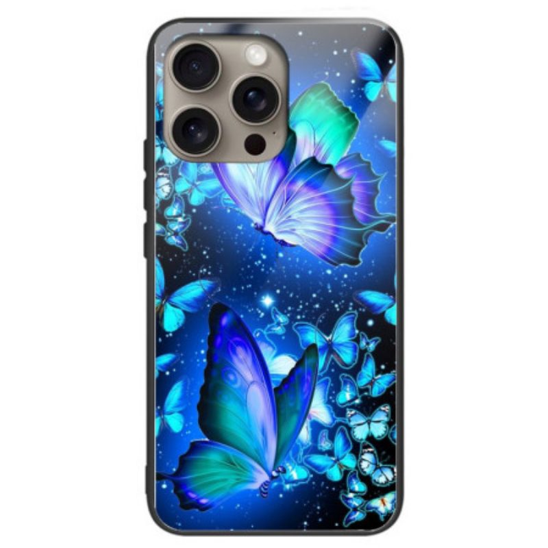 Hoesje iPhone 16 Pro Max Blauwe Vlinders Van Gehard Glas