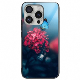 Hoesje iPhone 16 Pro Max Bloemen Van Gehard Glas En Blauwe Vlinder Bescherming Hoesje