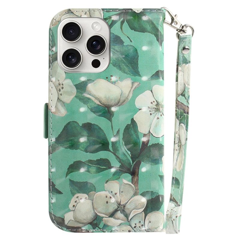 Leren Hoesje iPhone 16 Pro Max Aquarelbloemen Met Riempje