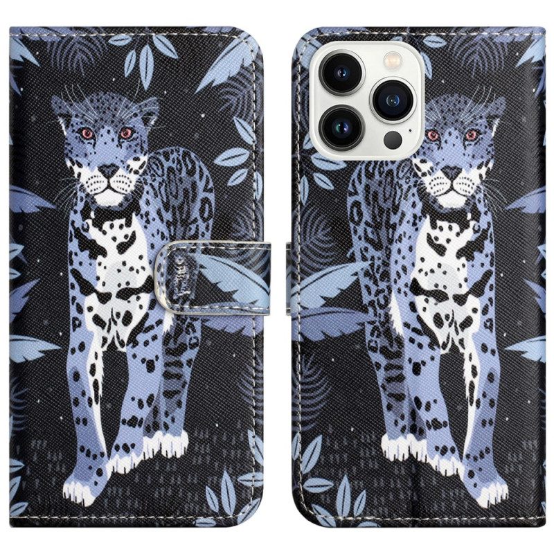 Leren Hoesje iPhone 16 Pro Max Bandjes Met Luipaardprint Bescherming Hoesje