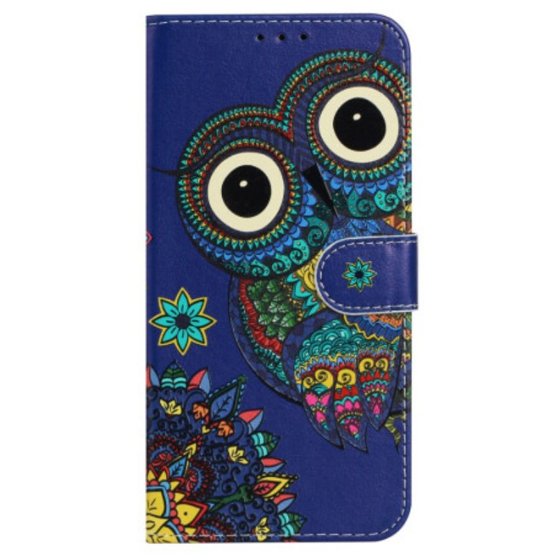 Leren Hoesje iPhone 16 Pro Max Blauwe Uil Met Riem