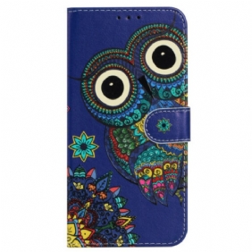 Leren Hoesje iPhone 16 Pro Max Blauwe Uil Met Riem