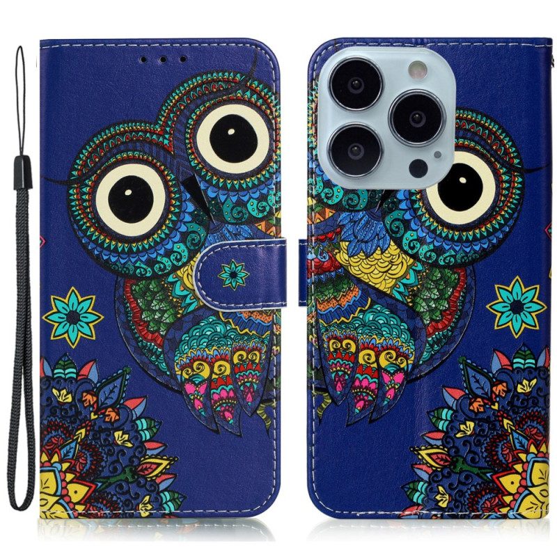 Leren Hoesje iPhone 16 Pro Max Blauwe Uil Met Riem