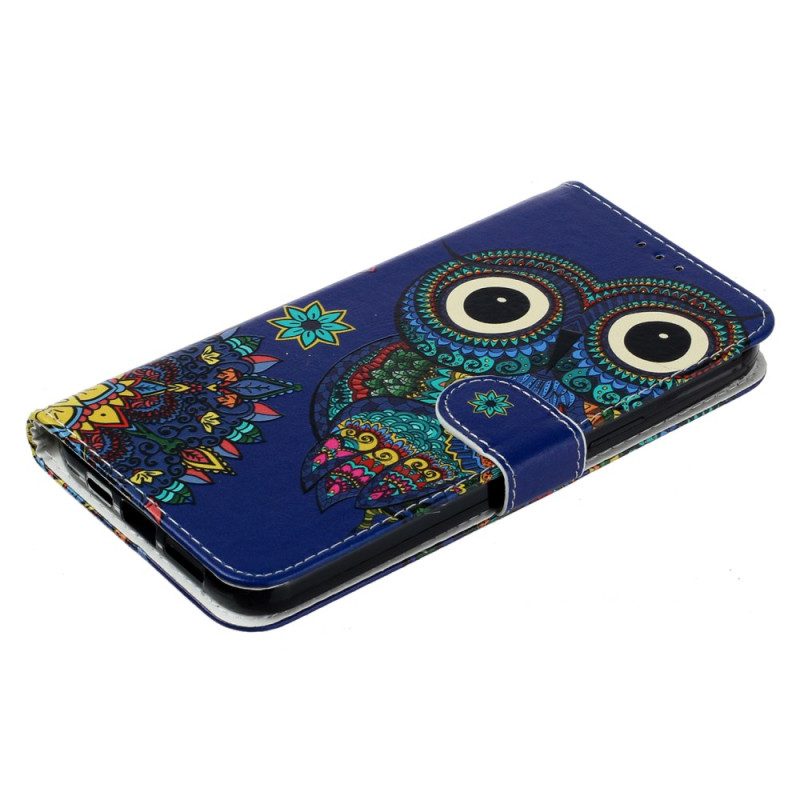 Leren Hoesje iPhone 16 Pro Max Blauwe Uil Met Riem