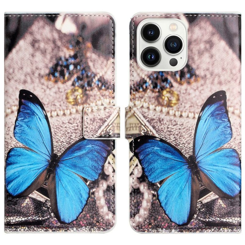 Leren Hoesje iPhone 16 Pro Max Blauwe Vlinder