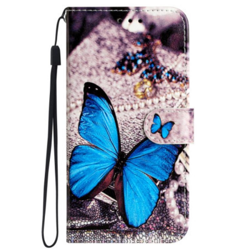 Leren Hoesje iPhone 16 Pro Max Blauwe Vlinder Met Riem